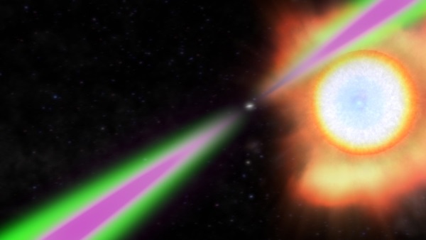 Spinning 390 times a second, PSR J1311−3430 periodically swings its radio (green) and gamma-ray (magenta) beams past Earth.