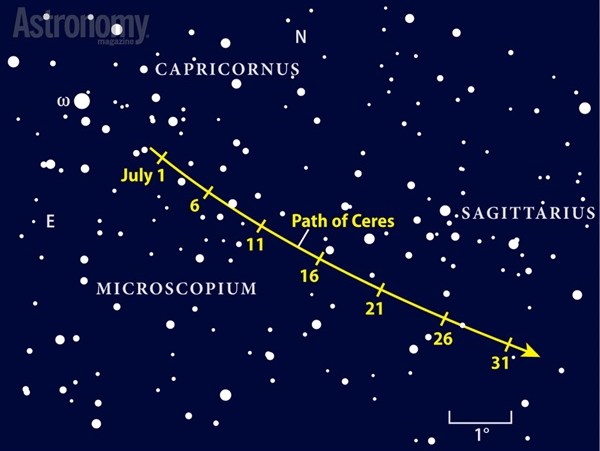 Although Ceres reached its peak in late July, the 8th-magnitude asteroid will be an easy target among the stars of Sagittarius during August.