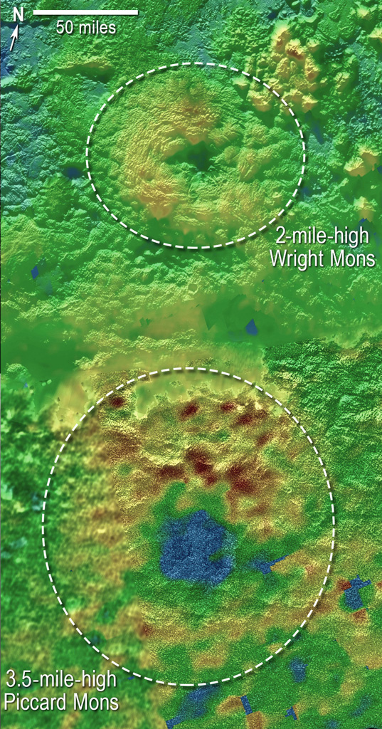 Scientists using New Horizons images of Pluto’s surface to make 3-D topographic maps have discovered that two of Pluto’s mountains, informally named Wright Mons and Piccard Mons, could possibly be ice volcanoes. 