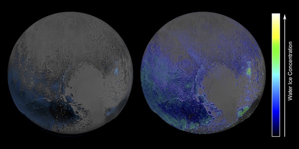 This false-color image shows where the spectral features of water ice are abundant on Pluto’s surface.
