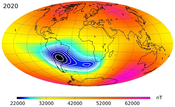 Map of Earth's magnetic field, showing the South Atlantic Anomaly