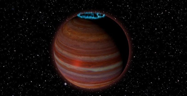 IMP J01365663+0933473, shown here in this artist’s concept, is a massive, nearby exoplanet with a powerful, aurora-generating magnetic field.
Caltech/Chuck Carter; NRAO/AUI/NSF