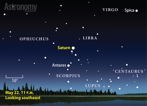 Saturn comes to peak visibility May 22, when it shines brightly in the south-eastern sky after darkness falls.