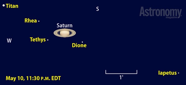 Saturn's five brightest moons should all show up through 4-inch and larger scopes the night of May 10, 2014.