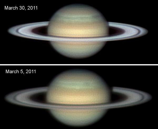The Seeliger effect, which combined the enhancements of shadow hiding and coherent backscattering, makes Saturn's rings appear brighter the closer the planet is to being opposite the Sun.