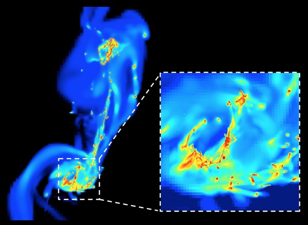 A frame from the simulation of the two colliding "Antennae" galaxies.