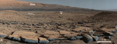 A view from the Kimberley formation looking south. The strata in the foreground dip towards the base of Mount Sharp.