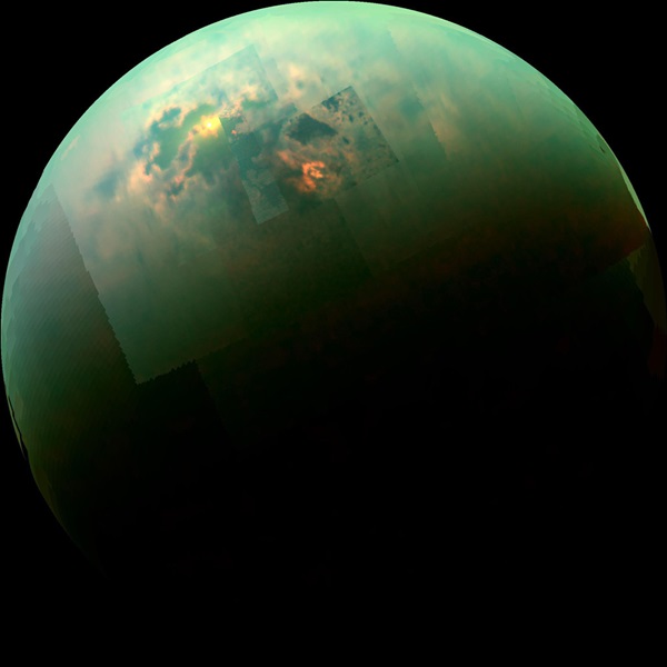 Cassini shows the Sun glinting off of Titan's north polar seas.