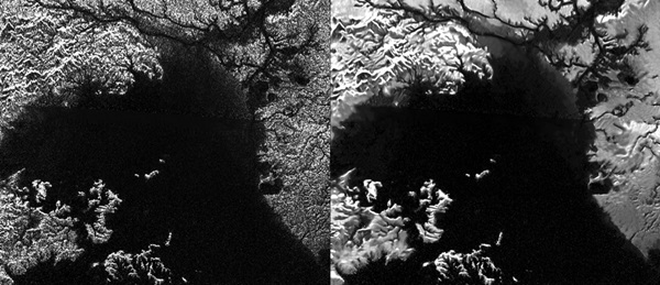 Titan's surface, with "noise" and without "noise" - despeckling