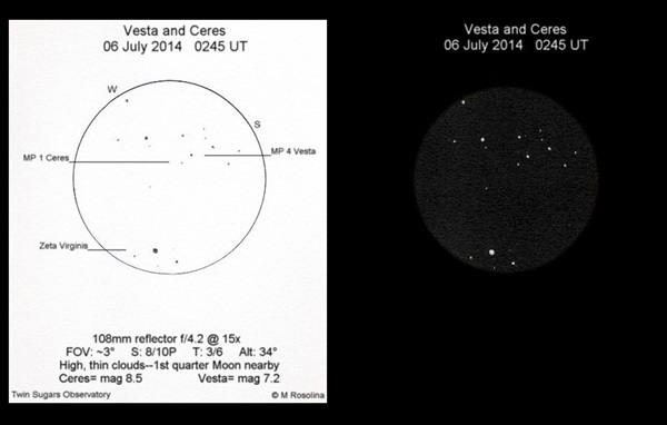 Ceres and Vesta appeared near each other in the sky last July, allowing observers to create sketches of the asteroid pair.