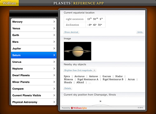 WolframAlpha Planets Reference app