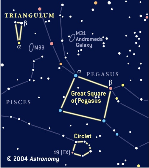 Finder chart for Triangulum, the Circlet, and the Great Square