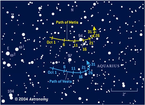 Finder chart for asteroids Vesta and Metis, October 2004