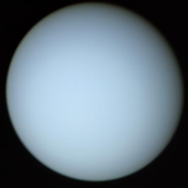 Uranus gets its blue/green color from methane gas, which absorbs red wavelengths of light. Credit: JPL / NASA.