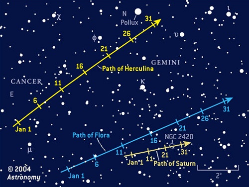 Paths of Saturn, Flora, and Herculina, January 2005