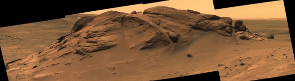 Comanche outcrop, seen in a mosaic of panoramic camera images from Mars rover Spirit.