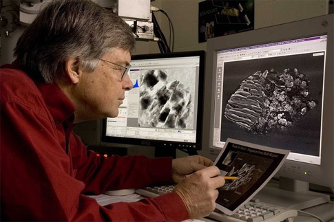 Don Brownlee examining images of Stardust tracks 