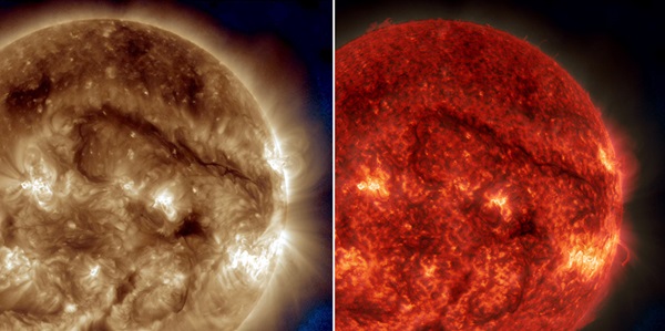 A dark snaking line in the upper right of these images on Sept. 30, 2014, show a filament of solar material hovering above the Sun's surface.