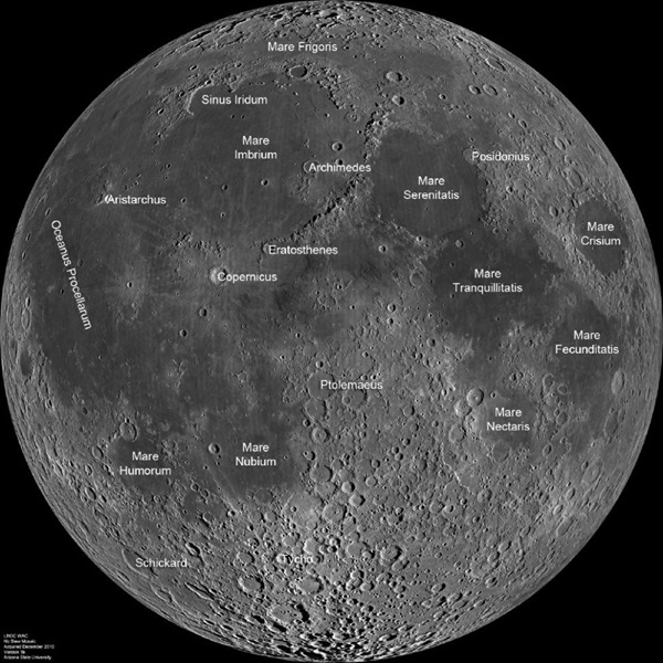 Lunar nearside with features labeled