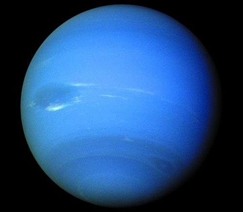 Neptune is the 8th planet from the sun. It gets its blue color from methane gas, which absorbs red wavelengths of light. Credit: JPL/NASA.