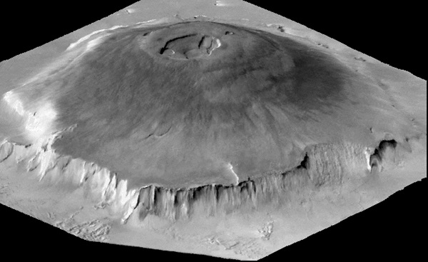 A 3D image of Mars' massive volcano, Olympus Mons, which is the largest in the solar system. Credit: NASA.