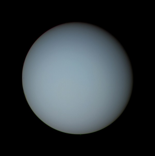 Blue-green Uranus may not look like much through a telescope, but you can see its small disk at magnifications of 100x and more. Even this close-up look from the Voyager 2 spacecraft fails to reveal much detail. Credit: NASA/JPL.