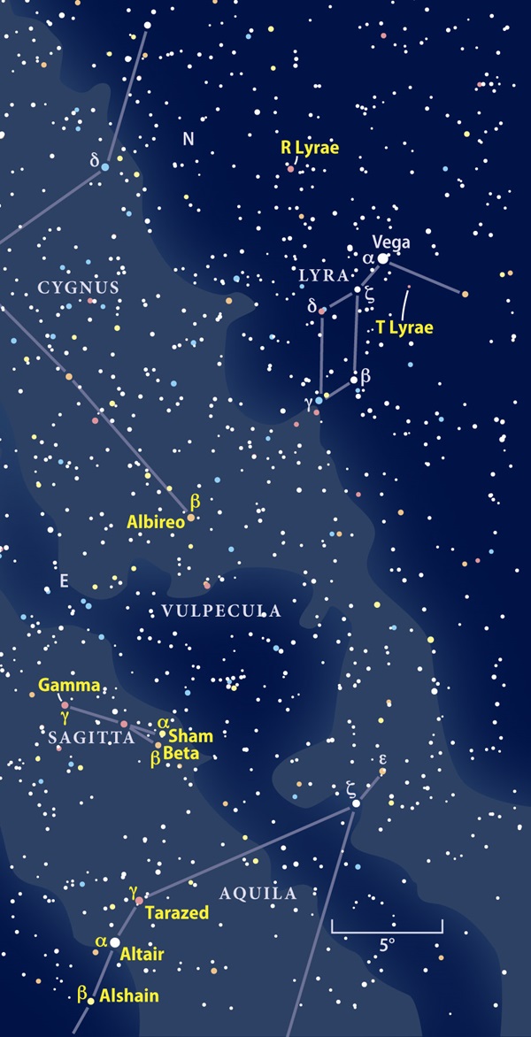 Finder chart for R and T Lyrae in the summer sky