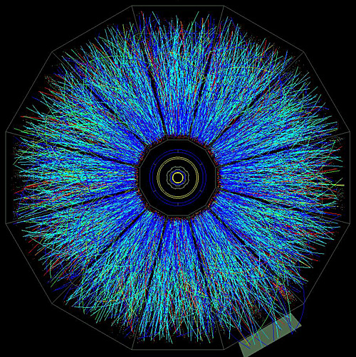 An end-on view of one of the first full-energy collisions between gold ions at Brookhaven Lab's Relativistic Heavy Ion Collider (RHIC), as captured by the Solenoidal Tracker At RHIC (STAR) detector. The collisions create a quark-gluon soup that reproduces the state of the universe less than 10 microseconds after the Big Bang. The tracks indicate paths taken by thousands of subatomic particles produced in the collisions as they pass through STAR's 3-D digitial camera. Credit: BNL.