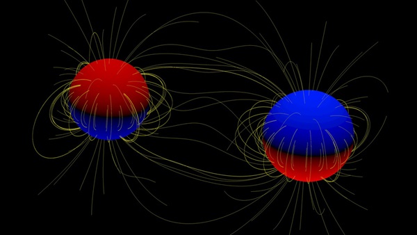 A cartoon of two giant stars in a binary system.