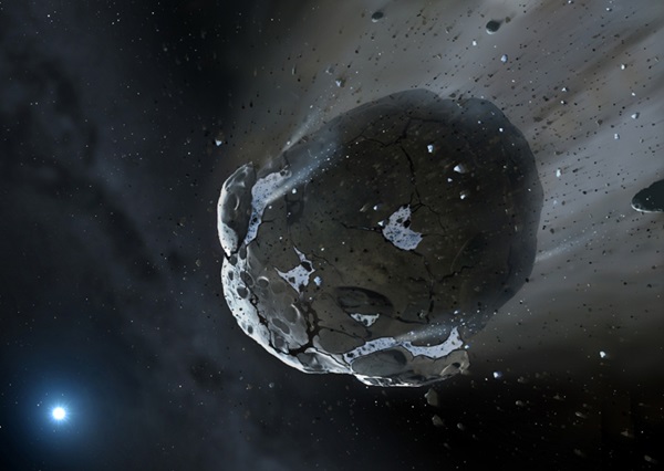 Artist's impression of a watery asteroid being torn apart