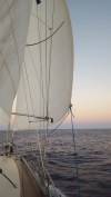 This image shows the same perspective as the smartphone image above of the starboard side of Ganesha's foredeck, but around dawn or dusk. The jib is let about halfway out, with blue sheets running from the sail's clew across the bottom of the image. A whisker pole lies along the wooden deck, lashed along the rail to the stanchions. The sky and horizon are pastel blues and pinks, reflected off the water.