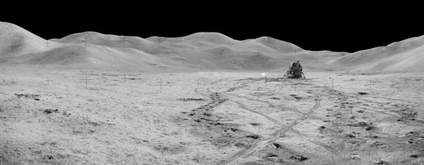 The <em>Falcon</em> sits on Hadley Plain with the hills of the Swann Range in the background. Mount Hadley is the far left of the image.