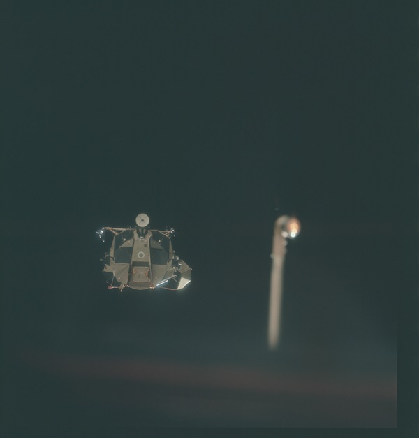 Al Worden took this image of the Lunar Module <em>Falcon</em> out his window as it rendezvoused and prepared to dock with <em>Endeavour</em>.