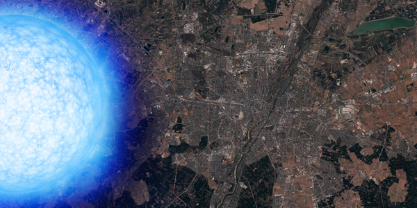 Neutron stars contain about as much mass as the Sun squeezed into a space not much larger than a city like Munich, Germany, as shown in this artist’s concept. Credit: ESO/ESRI World Imagery, L. Calçada
