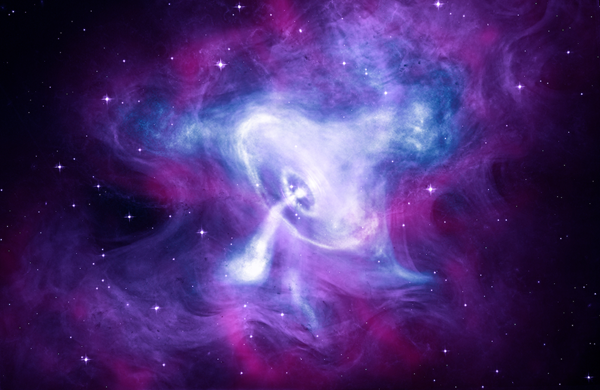Light from the supernova that created the Crab Nebula first reached Earth in A.D. 1054. Today, astronomers know that at its heart sits a pulsar spewing jets of matter and antimatter from its north and south poles. Photo: X-ray: NASA/CXC/SAO; Optical: NASA/STScI; Infrared: NASA-JPL-Caltech