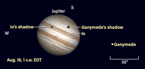 Jupiter and its moons, August 16, 2022, 1 AM EDT