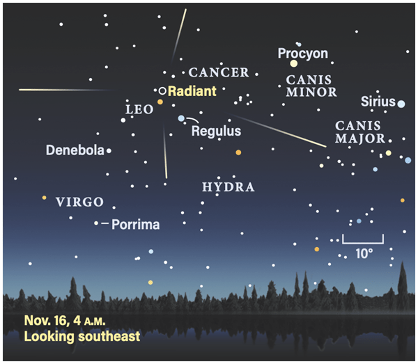 Star chart showing the Leonids' radiant in November 2021