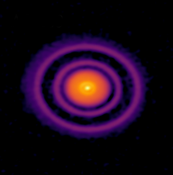 A set of concentric rings surround a central dot of a star — hot orange closer to the star, then cool purple further out.