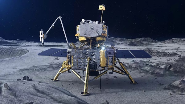 A four-legged lander sits on a pock-marked lunar landscape holding a canister of samples