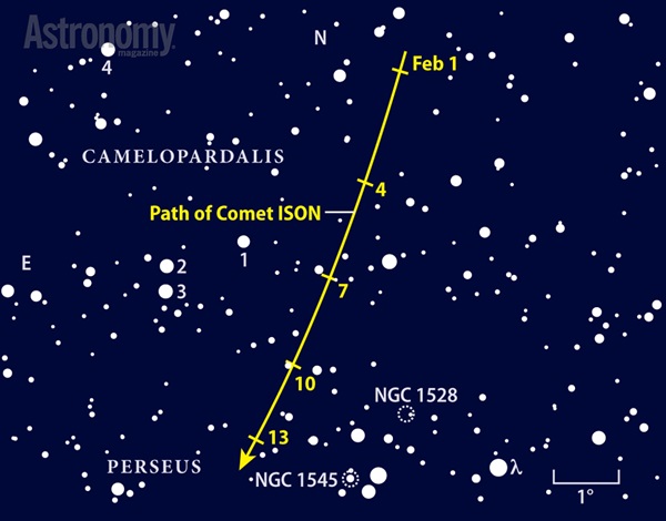 Comet ISON dims considerably as it moves from Camelopardalis into Perseus in early February