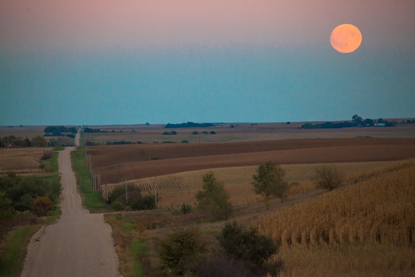 The Harvest Moon over fields in Nebraska