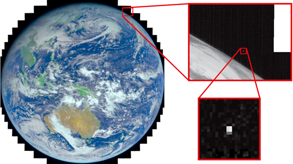 A series of images and insets that show Betelgeuse as it appears in imagery captured by the Japanese weather satellite Himawari-8