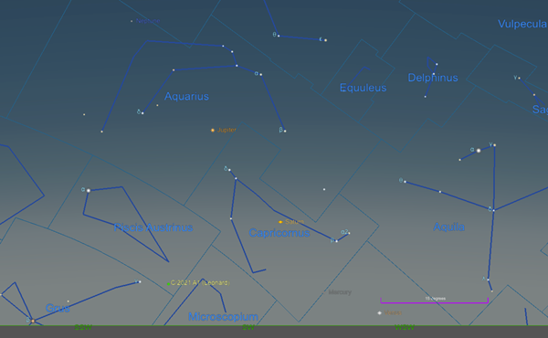 The location of Comet Leonard after sunset on January 1, 2022