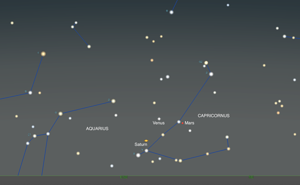 Star chart showing Venus, Mars, and Saturn on March 24, 2022