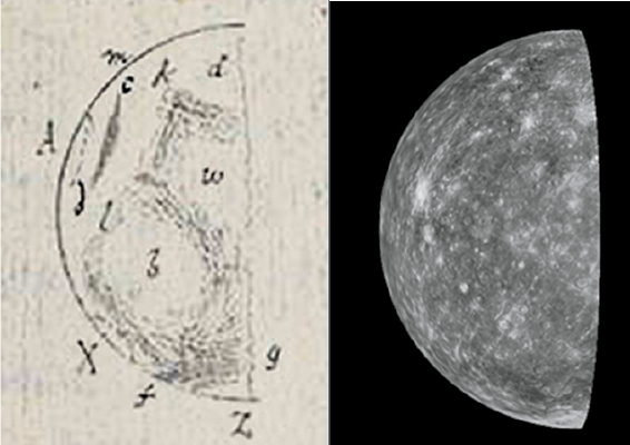 Schiaparelli's 1882 drawing of Mercury compared with how the planet will look April 23, 2022