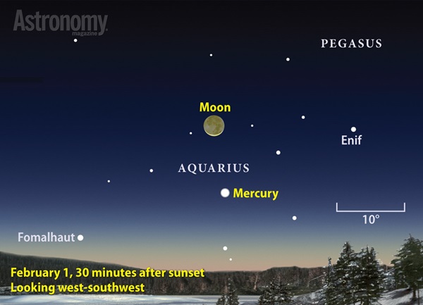 The Moon points the way to Mercury in early February