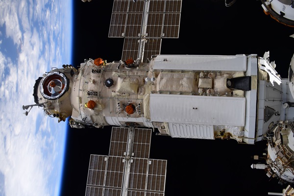 The Russian laboratory module Nauka docked with the International Space Station on Thursday, seen here in a photograph taken by crew aboard the station.
