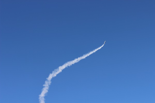 A weathercocked rocket corrects course after launch.
