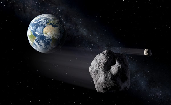 Near-Earth objects pass by our planet in this artist's rendering.