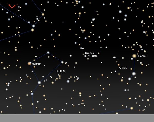 Star chart showing the location of Uranus on March 22, 2022
